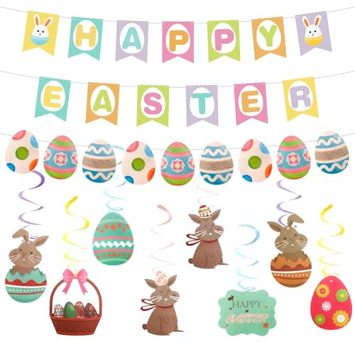 Banner de Pascua Pancarta Colgante,Juego de decoración de Pascua,Pancarta Happy Easter Guirnalda,para Fiestas Temáticas de Pascua y Decoraciones para Fiestas Primavera
