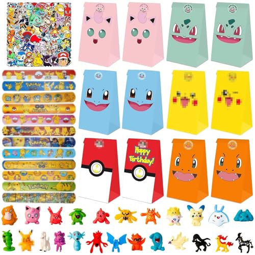 Bomboniere di compleanno per bambini, 98 pezzi, con sacchetti regalo di carta, mini figure, braccialetti a scatto e adesivi, piccoli regali per bambini, ragazzi e ragazze