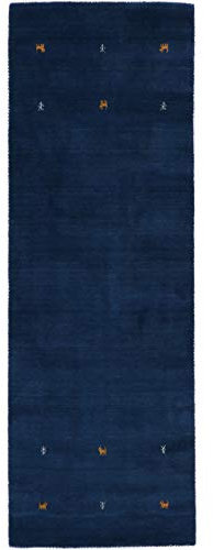 carpetfine Wollteppich Gabbeh Uni Läufer Blau 60x180 cm | Moderner Teppich für Wohn- und Schlafzimmer