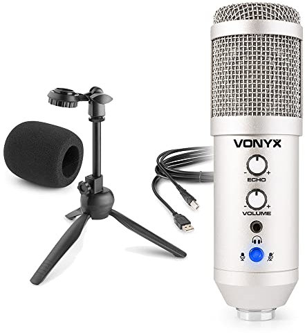 VONYX CM320S USB Microphone for Podcasting, Condenser Studio Mic with 3.5mm Headphone Jack, Built-in Echo Effect, Mute Button, Desktop Stand, Gaming & Home Recording - Titanium