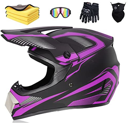 Ruiqieor Moto Motocross Casques Enfant Et Adulte Set AVT MX Casques Moto De Cross Enfants Quad Bike Vélo De Montagne Avec Gants Lunettes Masques (M(57-58cm),Purple)