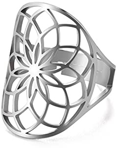 kkjoy Bague Fleur de Vie Ajourée en Acier Inoxydable Anneaux de Doigt Ouverts et Ajustables Bague de Promesse Cadeau pour Femme