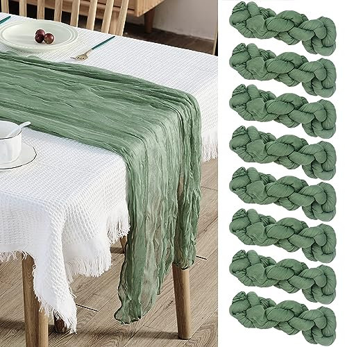 Obussgar Lot de 8 chemins de table en étamine 4,3 m Boho gaze en tissu à fromage 35 x 169 pouces en tissu transparent vert sauge pour mariage, fête prénatale, fête d'anniversaire