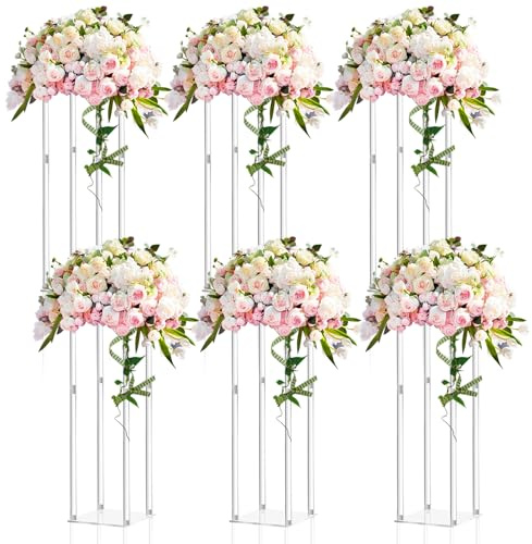 Geetery 6 Pieces Tall Acrylic Vase Wedding Centerpieces Clear Flower Stand Column Geometric Floral Vase Elegant Display Holder for Birthday Party Wedding Table Decorations (20 Inch)