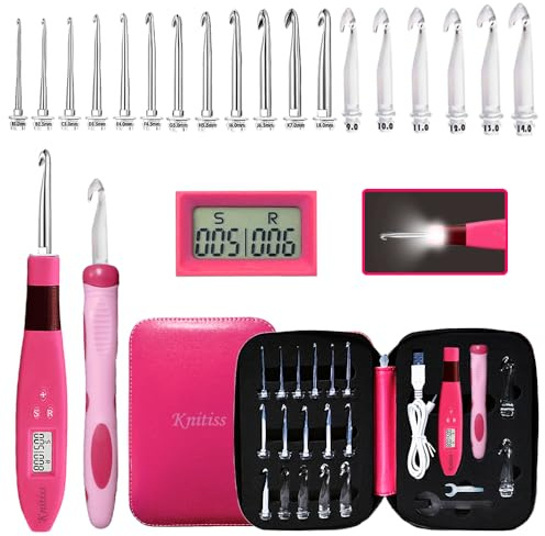 Knitiss Counting Crochet Hook Set Digital Crochet Hooks Set, Light Up Crochet Hooks for Stitch & Row Counter,18 Different Size Interchangeable Crochet Needle 2.0~14.0mm
