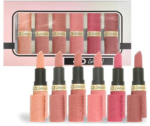 Gireatick Set di 6 rossetti opachi per il trucco, nude, rosa, rosso rosa, malva, marrone, opaco, set da donna, in velluto setoso, a lunga durata, a prova di sbavature