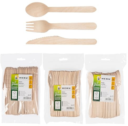 HEKU be green Lot de 150 couverts jetables en bois de bouleau – 50 couteaux (16,5 cm), 50 fourchettes, 50 cuillères (15,7 cm) I Compostables I Fabriqué à partir de matières premières renouvelables et