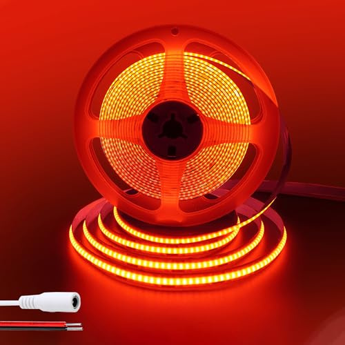 Clearhill 12V COB led tira luces 16.4FT / 5M (sin fuente de alimentación), rojo, 320LEDs / M, con 5521DC hembra y conectores de alambre rojo y negro, ancho de 8mm, IP20
