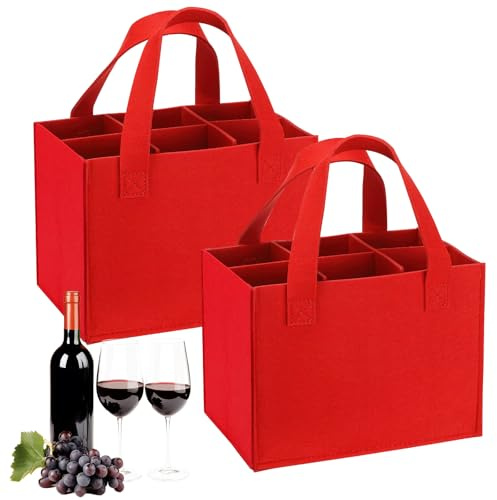 Shyllin Borsa in feltro con 6 scomparti, in feltro, per bottiglie di vino, per birra, per vino con divisori rimovibili, lavabile, riutilizzabile, per viaggi e pic-nic, Colore: rosso, 24*18*16CM,