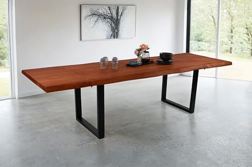 SAM Esstisch Cali mit Ansteckplatten | 140 x 90 cm (erweiterbar auf 220 x 90 cm) | Akazie massiv & nussbaumfarben | echte Baumkante | U-Gestell Metall schwarz | Baumkantentisch/Esszimmertisch
