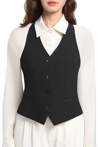 Gowjog Gilet Costume Femme Vintage Col en V élégant Double Boutonnage Gilet Sans Manches avec Poches Gilets de Smoking Veste (Noir,XL)