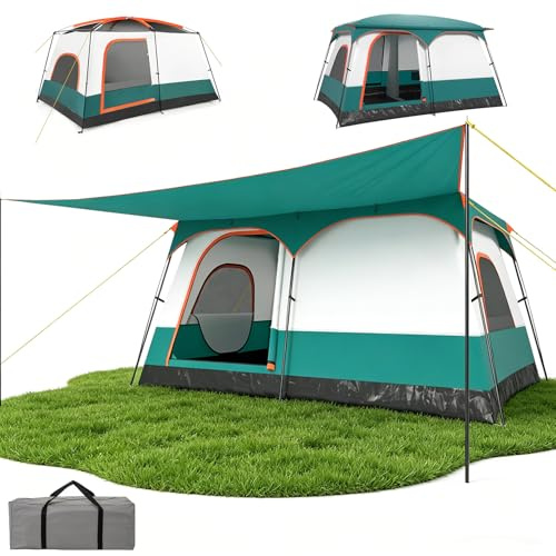 GYMAX Tunnelzelt 4-10 Personen, Wasserdicht 3000mm, Stehhöhe 1,8-2m, Camping Zelt mit 2 Eingänge, Vordach & abnehmbares Doppeldach, große Familienzelt für Camping, Reise & Trekking (4-6 Personen)