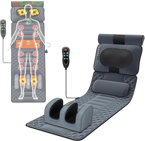 Tapis de Massage Chauffant pour Tout le Corps avec 20 Têtes de Massage pour le Cou, 9 Modes, 10 Moteurs Vibrants, Matelas Pliable Électrique Relaxant pour Lit, Canapé et Bureau