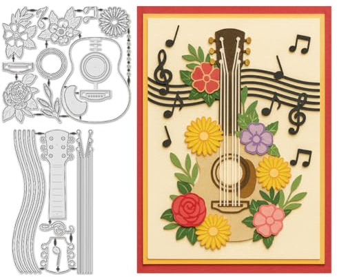 UNICRAFTALE 23 Pièces Modèles de Découpe en Acier Carbone Partitions de Guitare Instruments Musicaux Poinçons pour Création de Cartes 3D Fleur Gaufrage Gabarits pour Scrapbooking Album Photo