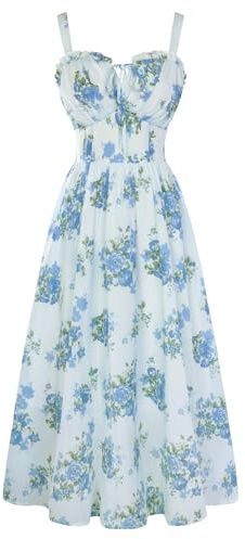 SCARLET DARKNESS Abito estivo da donna, casual, linea ad A, senza maniche, con spalline sottili, floreale, per la spiaggia, Motivo floreale azzurro., L