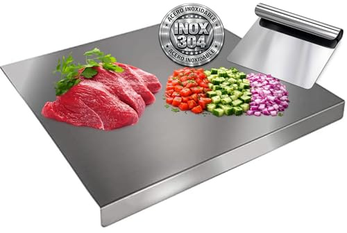 Pack Espátula + Tabla de Cortar Acero Inoxidable 40x30 cm - Higiénico y Antibacteriano - Ideal para Carne, Frutas, Verduras o Amasar - Fácil de Limpiar (Pack Tabla + ESPÁTULA)