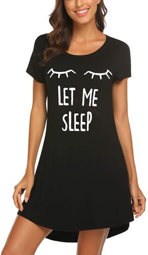 Ekouaer Women Nightdress Short Sleeve Nightshirt Round neck XS-2XL | knee-length nightwear, a-line nighties, basic nightgown, loose sleep tee, with fun print, soft and comfortable house dress
