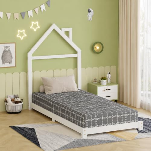 AVC Designs Junior Wooden House Bed Toddler Solid Pine Wood Modern Children Kids Junior Bed Frame White