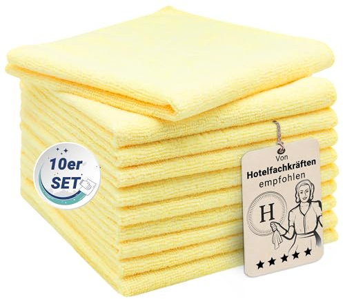 ZOLLNER Set de 10 paños de Microfibra para un Brillo sin Rayas - paños de Limpieza sin Pelusas y Muy absorbentes - Lavables hasta 60°C - 32x32cm en Amarillo - Calidad hotelera