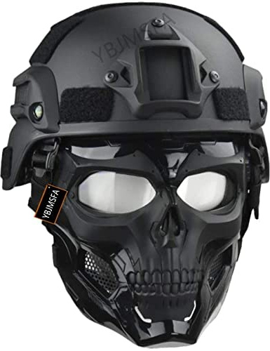Tactical PJ Helmet and Airsoft Skull Full Face Protective Mask, Dual Mode Wear Design for Airsoft Paintball CS Game