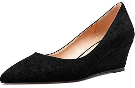 Aachcol Femmes Compensé Escarpins Mi Talon Heel Pointu Bout Slip-on Dress Chaussures Mariage Party 5 CM Noir Suède 37 EU