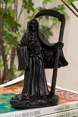 EASCHEER 5.3 Holy Death Santa Muerte Holding Scythe in Black Tunic Robe Statue, Grim Reaper Statue,Altar Sculpture, Standing Religious Decorative Figurine
