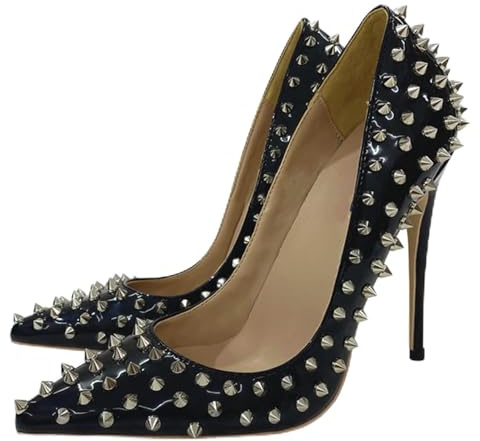 WOkismD Zapatos de tacón alto con tachuelas para mujer, con tacón de aguja de 4.7 pulgadas, remache de tacón de aguja de 4.7 pulgadas, zapatos de noche para boda, vestido de novia, negro, 39