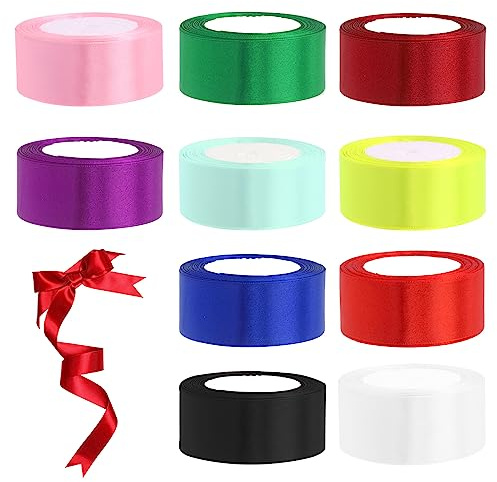 Swpeet 10 Rolls 10 Colors 1-1/2 x 25 Yards Single Faced Polyester Ribbon Fabric Satin Ribbon Assortment Kit, Gift Wrap Ribbons for Gift Wrapping, Crafts, Party Decoration - Total Length 250 Yards