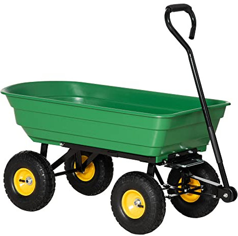 Outsunny Carrello da Giardino 75L in Acciaio e PP con Vasca ribaltabile e Maniglia da Trasporto, 109x52x94 cm, Verde Scuro