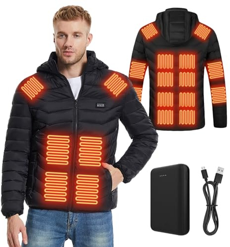 Ylightn Veste Chauffante Homme Femme avec Batterie, Manteau Chauffant avec 3 Niveaux de Chauffage, Veste Capuche pour Moto Pêche Ski (FR/ES, Alpha/lettres, M, Taille normale, Taille normale, Black)