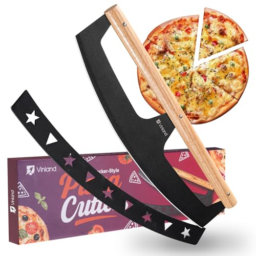 16-Inch Pizza Cutter Rocker Blade, Food Grade Stainless Steel Slicing Knife & Sharp, Rust-Proof, Stylish Rubberwood Wood Handle, Protective Cover - Professional Pizza Oven Accessories, Black