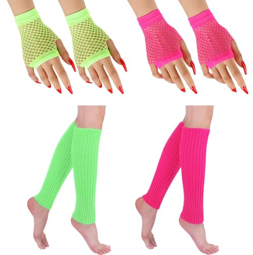 Meunhy 2 Pairs of Leg Warmers 80s,Neon Leg Warmers, with 2 Pairs of Short Fishnet Gloves,Fashionable and Colorful,Suitable for Role-Playing,Parties,Christmas(Rose Red + Green)