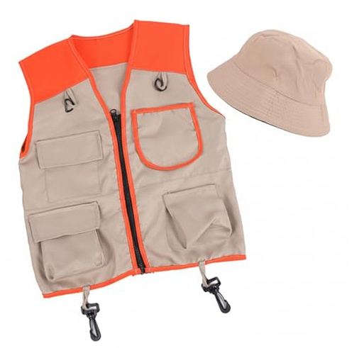 Costume da guardiano dello zoo per bambini, gilet da pesca per bambini, costume da guardiano dello zoo – Set gilet e cappello arancione con multitasche, facile chiusura con zip per giochi di ruolo