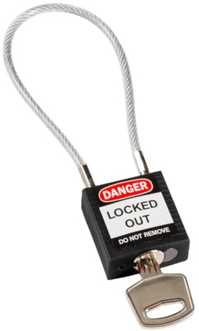 Brady Candado de Cable Compacto Paquete de 1 - Bloqueo de Seguridad Lockout Tagout - Candado de Seguridad - Llaves Diferentes - 32mm x 35mm x 16mm - Longitud del Cable 200mm, Negro