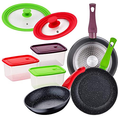 San Ignacio Juego de 3 sartenes 18/22/26 cm, 3 herméticos grandes, y 2 tapas universales en color, colección Jolie, aluminio forjado, inducción