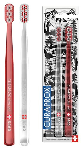 Curaprox Spazzolino manuale Cura delle gengive per adulti/Ultra-morbido per la rimozione della placca/Swiss Edition Duo Pack/Rosso-Trasparente/Made in Switzerland