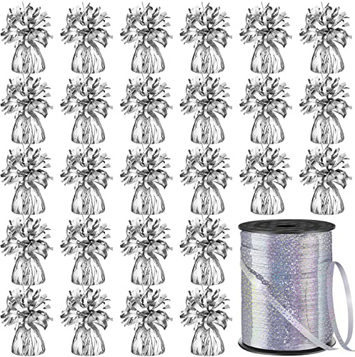 Yunsailing 24 Pcs Balloon Weights Metallic Anchor Balloon Holder for Helium Balloons 8.6 Lbs Heavy Table Weight and 1 Roll Iridescent Ribbon for Birthday Wedding Graduation Party(Silver)