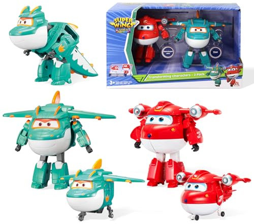Super Wings 5 Transforming Characters 2-Pack Transforming Supercharged Jett + Tino, Transformer Spielzeug für 3+ Jahre Alten Jungen Mädchen, Rot