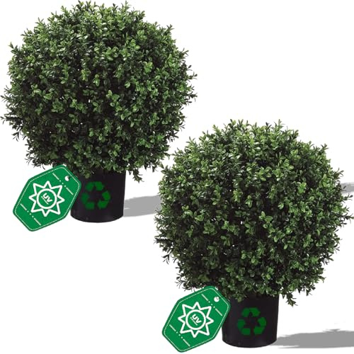 QAOUIEP Real Touch Leaves Artificial Topiary Trees, 24 T with 17 W Faux Boxwood, Set of 2 UV Resistant Plants, Decorative Indoor Outdoor Trees with 6x5 Pots for Home, Office, and Garden Decor