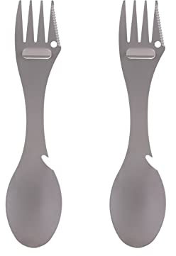 2 Stück Outdoor Camping Göffel 5-in-1 Edelstahl Löffelgabel mit Flaschenöffner, multifunktionales Besteck für Reisen, Camping, Rucksackreisen