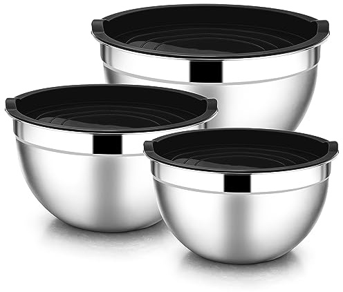 E-far Mixing Bowls with Lids, 6-Piece Stainless Steel Salad Bowls Metal Nesting Bowls for Baking Cooking and Prepping, Airtight Lids & Stackable Design, Size 4.5, 3, 1.5 QT (Black)