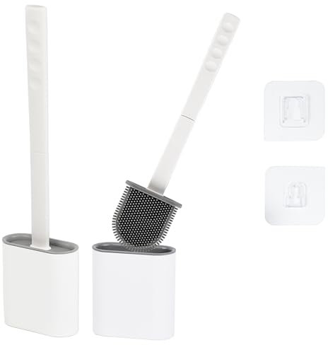 Silicone Toilet Brushes & Holders – Pack of 2 Long Non-Slip Handle, Flexible Bristles for Easy Cleaning – Modern Drip-Free Base, Durable White Bathroom Toilet Brush Set With Holder