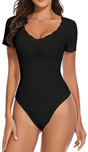 WOWENY Body da donna elegante in pizzo, a maniche corte, senza maniche, con scollo a V, per la danza, body in pizzo, 1-nero, S