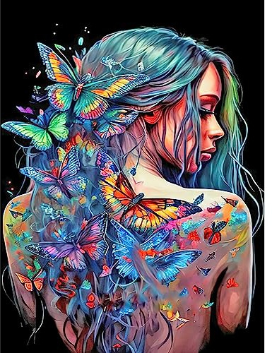 Stalente Diamond Painting Kits for Adults, 5D DIY Diamond Art Kits for Beginners Round Full Drill Diamond Painting for Home Wall Decoration Gift 30×40cm/12×16inch, Butterfly Lady