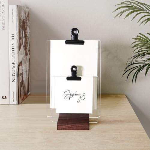 Wooden Sticky Note Holder with Acrylic Boards, Black Walnut Desk Memo Pad Holder with 2 Note Pads and Black Clips, Desktop Note Organizer for Office Home School, Clear Acrylic Note Stand