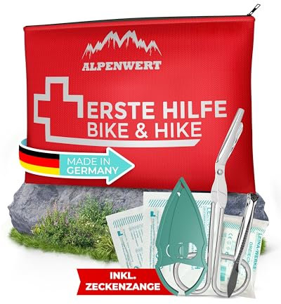 ALPENWERT Erste-Hilfe-Set Outdoor-Fahrrad [inkl. Zeckenzange und Dreiecktuch] First Aid Kit Travel für Rucksack, Wanderzubehör, Reise, Wandern DIN