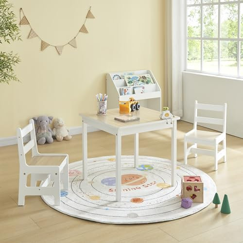 Panana Kindersitzgruppe Kindertisch mit 2 Stühle aus MDF für Kleinkinder, Mädchen und Jungen Natur + Weiß