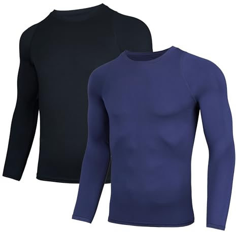 AMZSPORT 2 Pezzi Maglia Termica Compressione Uomo Manica Lunga Fitness T-Shirts Sport Baselayer Asciugatura Rapida Camicia, NeroBlu M