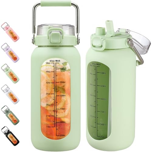 BLUEGO 2L Bottiglia d'acqua in vetro con manico in acciaio inox, manicotto in silicone e cannuccia per palestra, ufficio e sport all'aperto, senza BPA, Verde chiaro