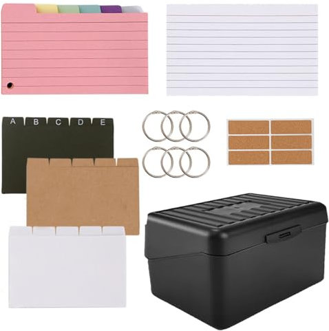 Karteikasten Schwarz, Karteikarten Box Karteibox Lernbox Inkl 180 Karteikarten 6 Ringen 6 Blatt Aufkleber für Lernkarten Vokabelkarten Studium Revision & Organisation